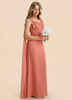 Azazie Chelsea Junior Salmon Pink Sheath Pleated Stretch Satin Dress image6
