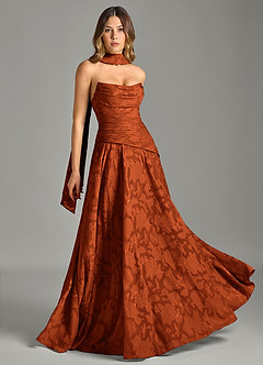 Azazie Gabriela Brautjungfernkleider A-Linie Schulterfrei Blumen-Burnout Kleid Paprika image5