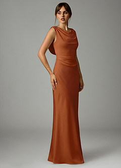 Azazie Kieryn Jurken voor bruidsmeisjes Jurk van Stretch Satijn met Zeemeermin Geplooid Koper image4