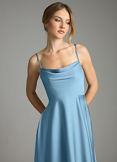 Azazie Elle Vestidos de damas de honor Vestido de Azul Acero de Satén Elástico de Corte en A con Plisado image2