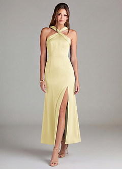 Azazie Rue Bridesmaid Dresses Lemon Sorbet Mermaid Pleated Stretch Satin Dress image3