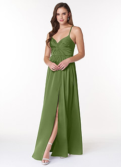 Azazie Raya Final Sale Juniper A-Line V-Neck Pleated Stretch Satin Dress image3