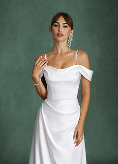 Azazie Brittney Wedding Dresses Diamond White A-Line Off the Shoulder Stretch Satin Dress image4