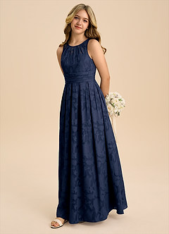 Azazie Bibiane Junior Dark Navy A-Line Pleated Floral Burnout Dress image4