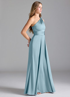 Azazie Dallas Robes de demoiselle d'honneur Robe Trapèze en Satin extensible Ue épaule Bleu Maussade image4