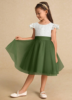 Azazie Vetty vestidos de niña de las flores Vestido de Marfil Oliva de Tul de Corte En A con Encaje image4