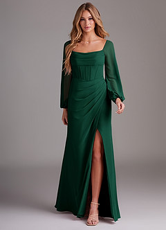 Azazie Charissa Bridesmaid Dresses Emerald Sheath Long Sleeve Chiffon Dress image3
