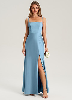 Azazie Lidia Bridesmaid Dresses Steel Blue Mermaid Side Slit Stretch Satin Dress image4