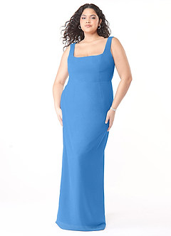Azazie Flori Robes de demoiselle d'honneur Robe Fourreau en Mousseline de soie Col Carré Geai Bleu image9