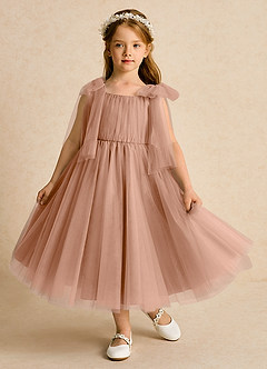 Azazie Dori Flower Girl Dresses Champagne Rose A-Line Ruched Tulle Dress image2
