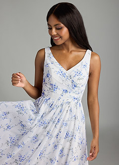 Azazie Keyla Bridesmaid Dresses Blue Cottage Floral A-Line V-Neck Pleated Chiffon Dress image7