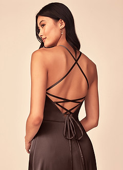 Azazie Mei Abiti da Damigella Abito A-Line in Raso Elasticizzato con Scollo a V Ganache image3