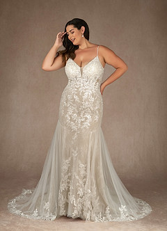 Azazie Leonie Wedding Dresses Diamond White Nude Mermaid V-Neck Sequins Tulle Dress image20