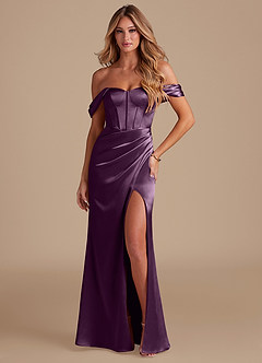 Azazie Asha Bridesmaid Dresses Plum Sheath Off the Shoulder Metallic Satin Dress image1