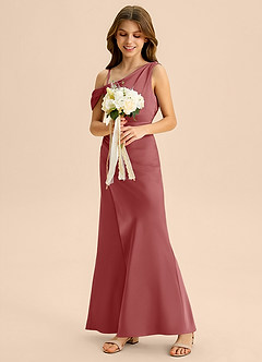 Azazie Madelyn Junior Abito Tubino in Raso Elasticizzato a Spalla Scoperta Rosa Antica image5