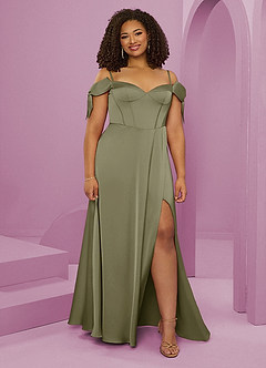 Barbie ♥ Azazie Bridesmaid Dresses Pistachio A-Line Off the Shoulder Stretch Satin Dress image8