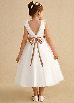 Azazie Amber Robe Demoiselle D'honneur Fillette Robe Trapèze en Tulle Arc Ivoire Champagne Rose image1