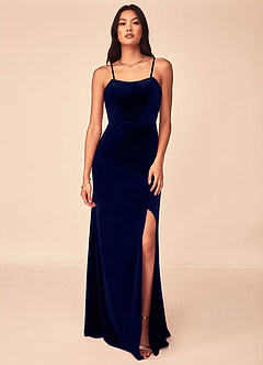 Azazie Nereda Robes de demoiselle d'honneur Robe Trapèze Convertible en velours Sans bretelle Bleu Marine Foncé image6