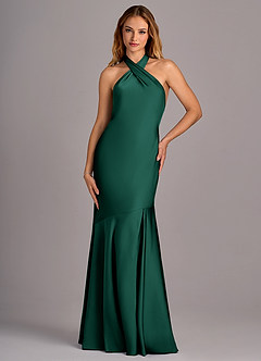 Azazie Lorena Bridesmaid Dresses Emerald Mermaid Pleated Stretch Satin Dress image4
