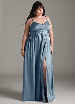 Azazie Alia Robes de demoiselle d'honneur Robe Trapèze en Satin extensible Plissée Bleu Poussiéreux image12