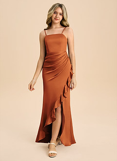 Azazie Buzzy Junior Cinnamon Sheath Pleated Stretch Satin Dress image5