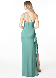 Azazie Latrice Robes de demoiselle d'honneur Robe Fourreau en Satin extensible Volants en cascade à une épaule Aqua image2