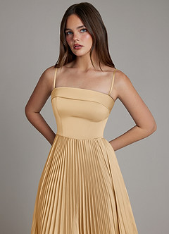Azazie Mariana Bridesmaid Dresses Gold A-Line Pleated Stretch Satin Dress image2