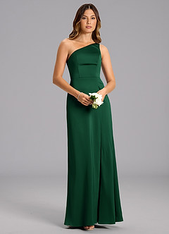 Azazie Phaedra Bridesmaid Dresses Dark Green A-Line One Shoulder Stretch Satin Dress image4