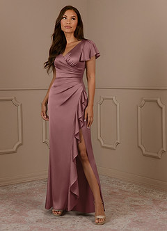 Azazie Roya Klänningar till brudens mor Klänning Sjöjungfru i Stretch Satin V-ringad veckad Vintage Mauve image1