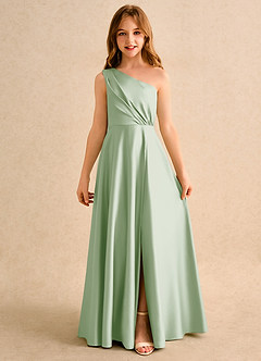 Azazie Puddles Junior Formal Jurken voor bloemenmeisjes A-Lijn Jurk van Mat Satijn One-Shoulder Stoffige Salie image4