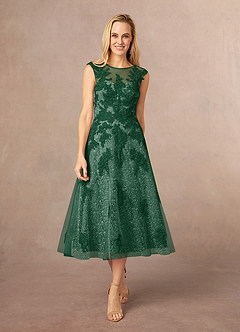 Azazie Flynn vestidos de madre de la novia Vestido de Verde Oscuro de Tul de Corte En A con Cuello barco encaje image1