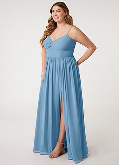 Azazie Zeya Brautjungfernkleider A-Linie V-Hals Gefaltet Chiffon Kleid Stahlblau image8
