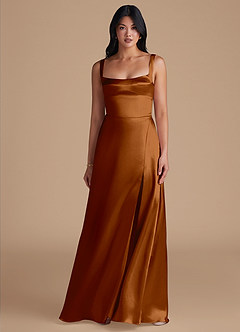 Azazie Hope Bridesmaid Dresses Copper A-Line with Pockets Metallic Satin Dress image2