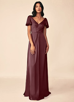 Azazie Soren Bridesmaid Dresses Sangria A-Line Pleated Stretch Satin Dress image1