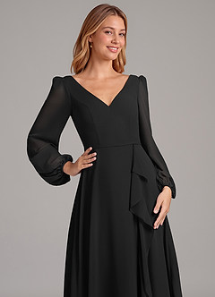 Azazie Simone At-home Try On Dresses Black A-Line Long Sleeve Chiffon Dress image7