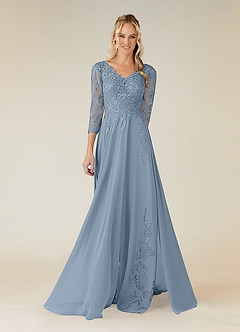 Azazie Noella Mère de la mariée Robes Robe Trapèze en Mousseline de soie Col V Dentelle Bleu Poussiéreux image1