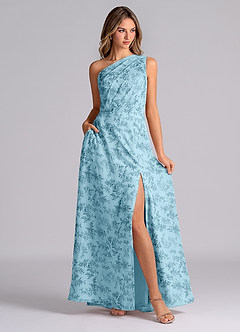 Azazie Phaedra Bridesmaid Dresses Blue Fern Floral A-Line One Shoulder Chiffon Dress image4