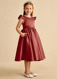 Azazie Dumpling Flower Girl Dresses Terracotta A-Line Bow Matte Satin Dress image4