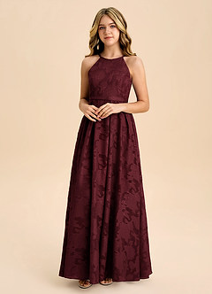 Azazie Arianthe Junior Abito A-Line in Burnout Floreale Plissettato Cabernet image4