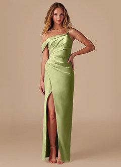 Azazie Lia Bridesmaid Dresses Pistachio Sheath Off the Shoulder Metallic Satin Dress image1