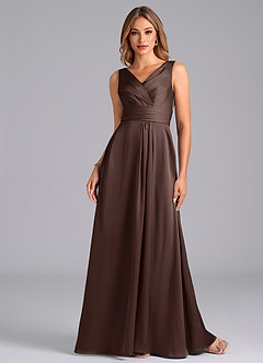 Azazie Karina At-home Try On Dresses Desert Rose A-Line Pleated Stretch Satin Dress image4