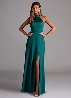 Azazie Myra Bridesmaid Dresses Peacock A-Line Side Slit Stretch Satin Dress image3