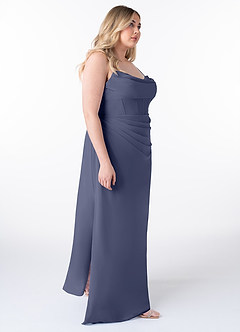 Azazie Mai Robes de demoiselle d'honneur Robe Fourreau en Mousseline de soie Plissée Bleu Orageux image10