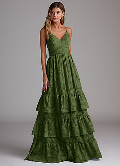 Azazie Nathalia Jurken voor bruidsmeisjes Jurk van Bloemen Burn-out met A-Lijn Boog Olijf image4