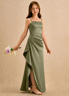 Azazie Cannoli Girls Formal Flower Girl Dresses Pistachio A-Line Pleated Stretch Satin Dress image1