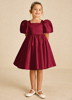 Azazie Muffin Flower Girl Dresses Burgundy A-Line with Sleeves Matte Satin Dress image2