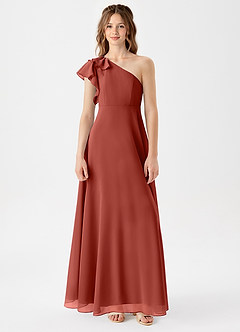 Azazie Arabella Junior Vestido de Terracota de Gasa de Corte en A con Volante image3