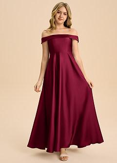 Azazie Sissy Junior Burgundy A-Line Off the Shoulder Stretch Satin Dress image4
