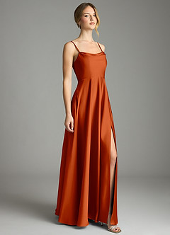 Azazie Elle Bridesmaid Dresses Burnt Orange A-Line Pleated Stretch Satin Dress image4