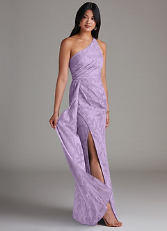 Azazie Mika Bridesmaid Dresses Lilac Sheath One Shoulder Floral Burnout Dress image2